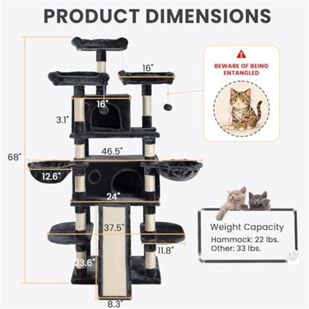 68 Inches Multi-Level Large Cat Tree Big Cat Tower with Condo - Picture 6 of 7